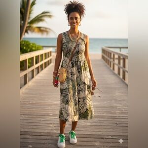 EUC Croft & Barrow Large Tropical Palm Leaf Sleeveless Smocked Midi Dress